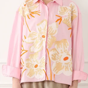 CHEMISE BRODÉE MAXI FLEURS ROSE