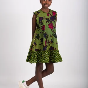 Robe enfant imprimé africain tissu wax vert - POLEL AM