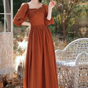 Robe Demoiselle D'Honneur Caramel Manches Longues Bouffantes - Pia