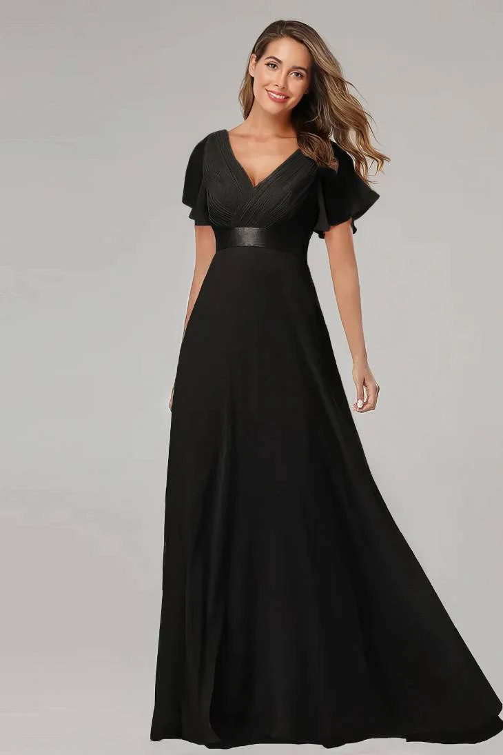 Robe Demoiselle D'Honneur Empire Drapée Double Col V Manches Cape - Rosetta – Image 8