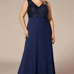 Robe Demoiselle D'Honneur Grande Taille Empire Col En V Bustier Pailleté Sans Manches - Elisa