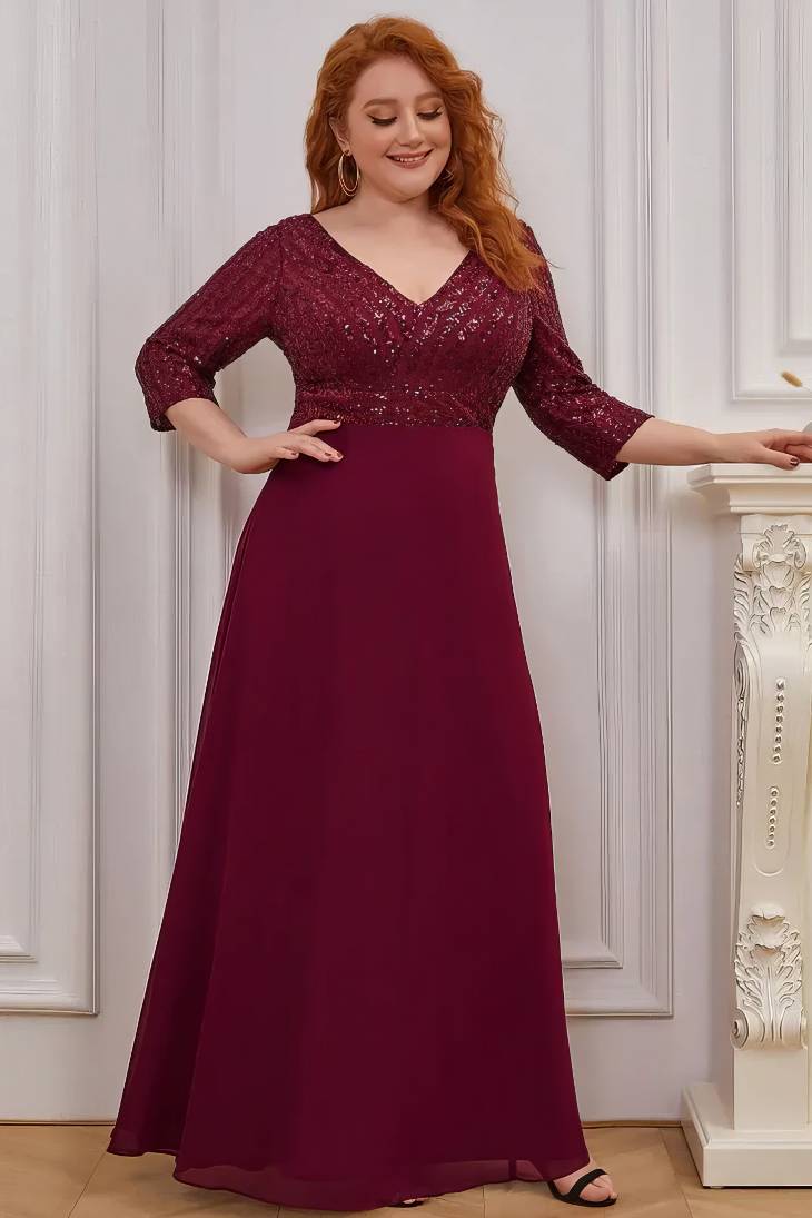 Robe Demoiselle D'Honneur Grande Taille Longue Corsage À Paillettes Manches 3/4 Col En V Ligne A - Giorgia – Image 2