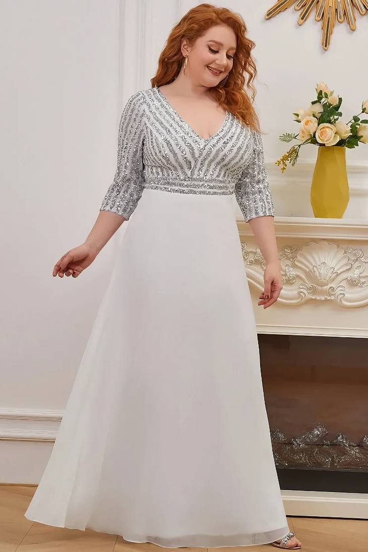 Robe Demoiselle D'Honneur Grande Taille Longue Corsage À Paillettes Manches 3/4 Col En V Ligne A - Giorgia – Image 8