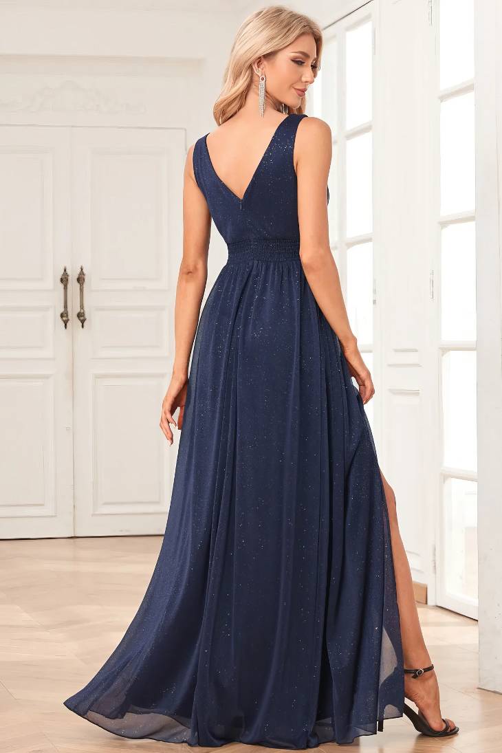 Robe Demoiselle D'Honneur Longue Brillante Mousseline De Soie Empire Col En V Fendue Sans Manches Dos Nu - Aurora – Image 7