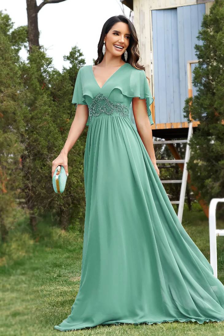 Robe Demoiselle D'Honneur Longue En Mousseline De Soie Empire Manches Courtes Flottantes Col En V - Emilia – Image 4