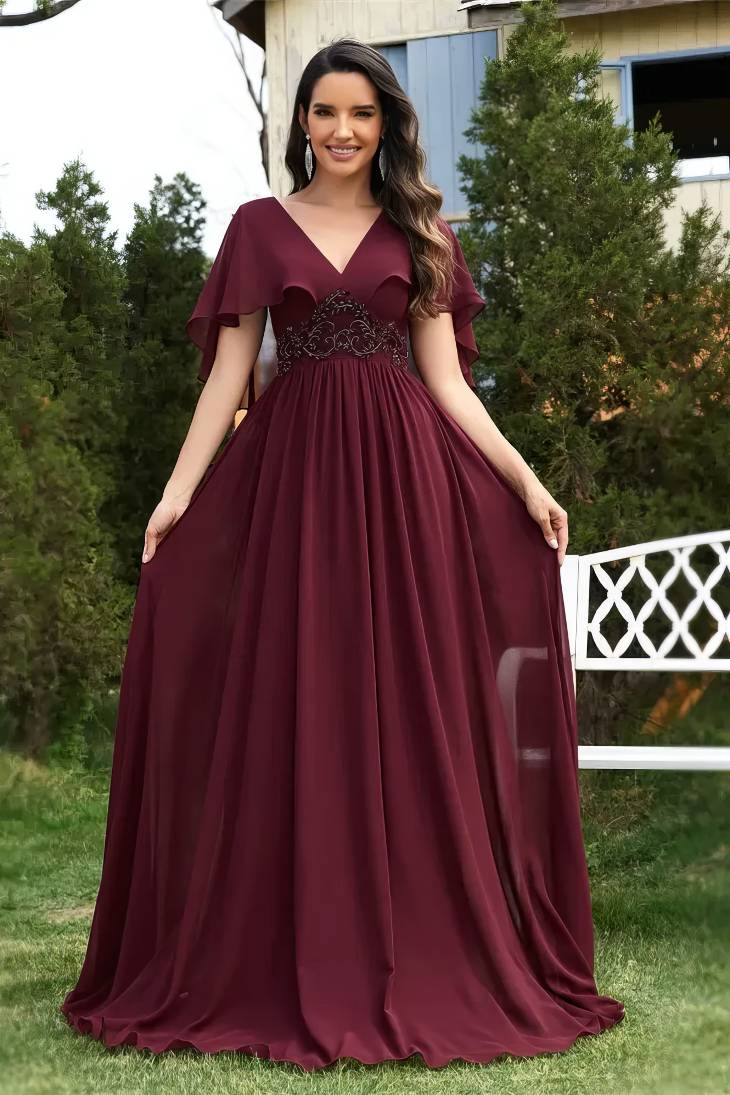 Robe Demoiselle D'Honneur Longue En Mousseline De Soie Empire Manches Courtes Flottantes Col En V - Emilia – Image 9
