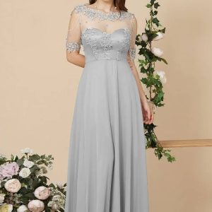 Robe Demoiselle D'Honneur Longue Fluide Manches Courtes Transparentes Col Illusion Ligne A - Lorenza
