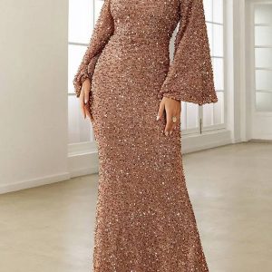 Robe Demoiselle D'Honneur Longue Sirène À Paillettes Manches Longues Évasées - Nadia