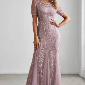 Robe Demoiselle D'Honneur Sirène Tulle Brodé Manches Mi-Longues - Gia