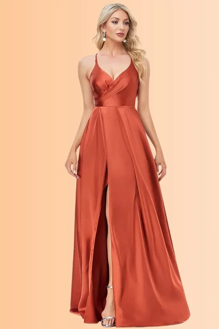 Robe Demoiselle D'Honneur Terre Cuite Longue Satin Fendue Col En V Bretelles Fines Dos Nu - Luna – Image 3